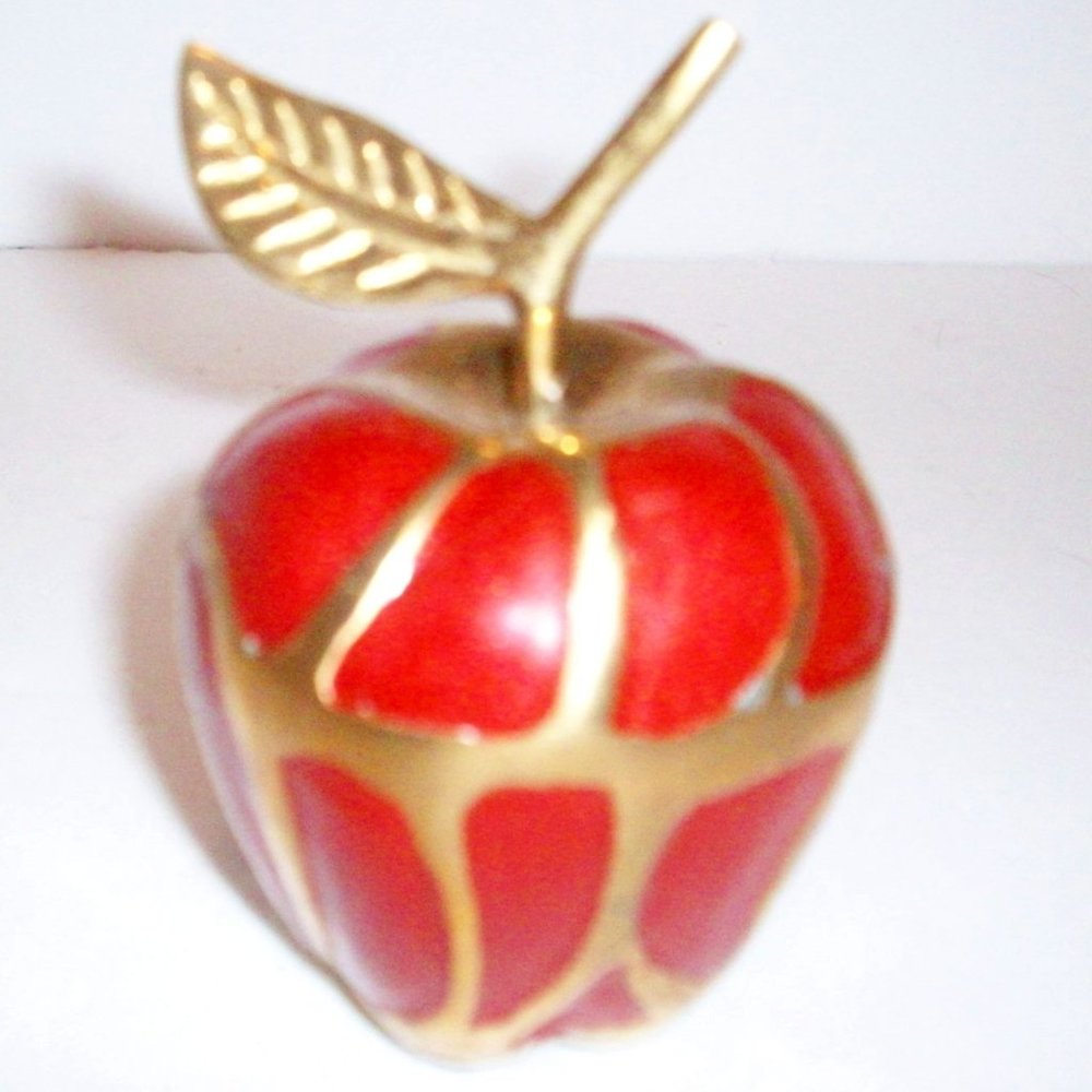 Vintage Cloisonné Red Apple Figurine Brass Enamel